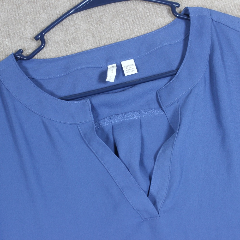 Cato‎ Womens Plus 22/24W Blue Roll Tab Sleeve Split Neck High Low Blouse Top